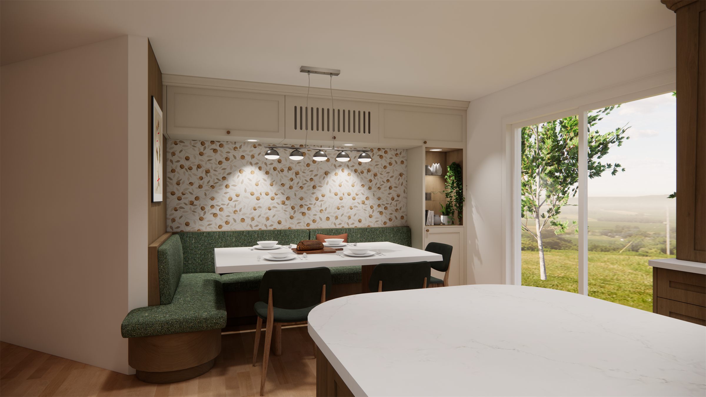 Rendu 3D d'une banquette en coin recouverte de tissu vert, devant un papier peint à motif de feuillage, salle à manger à Québec